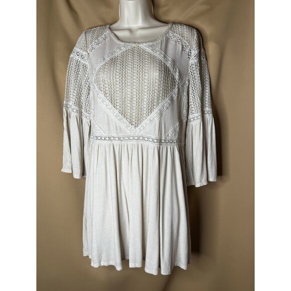 POL Boho Bohemian Oatmeal Long Sleeve Crochet Detail Babydoll Dress Small New - Picture 4 of 8